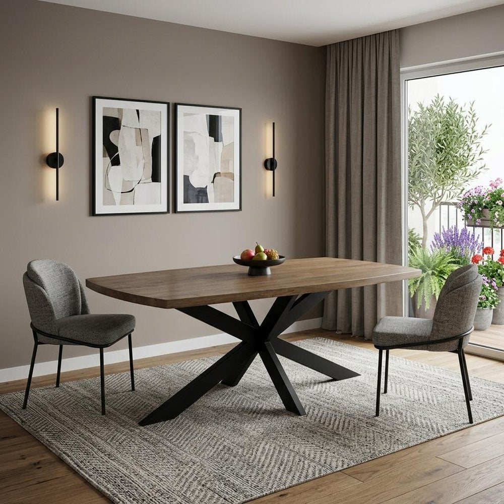 Natural and Black Solid Wood and Iron Pedestal Base Dining Table - 82-inch