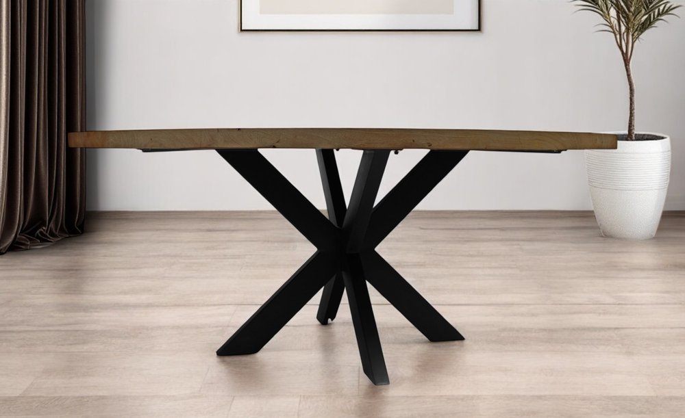 Gray Beige and Black Solid Wood and Iron Round Dining Table - 72-inch