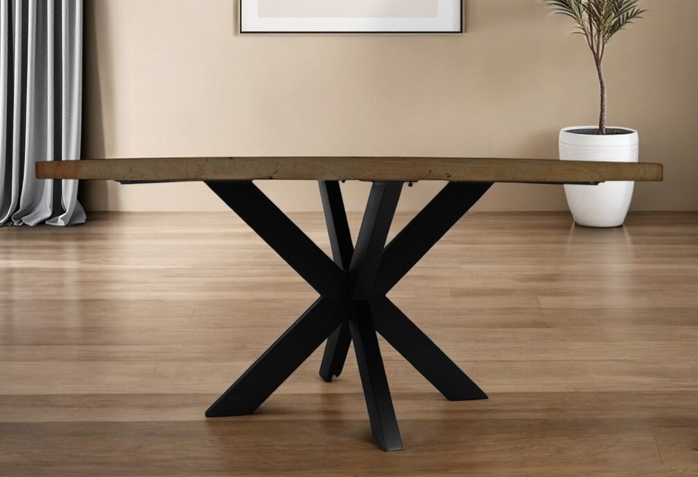 Natural and Black Rounded Solid Wood and Iron Pedestal Base Dining Table