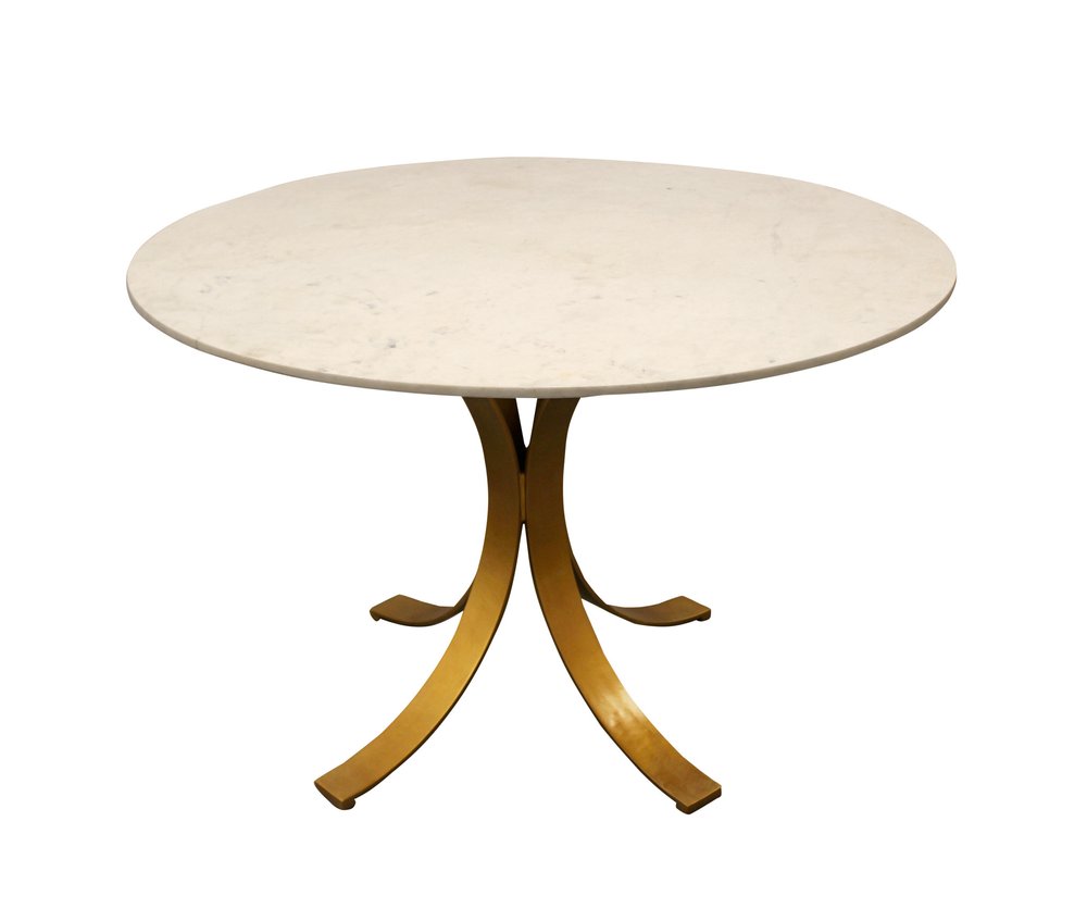 Ivory and Brass Rounded Marble and Iron Pedestal Base Dining Table - 48-inch