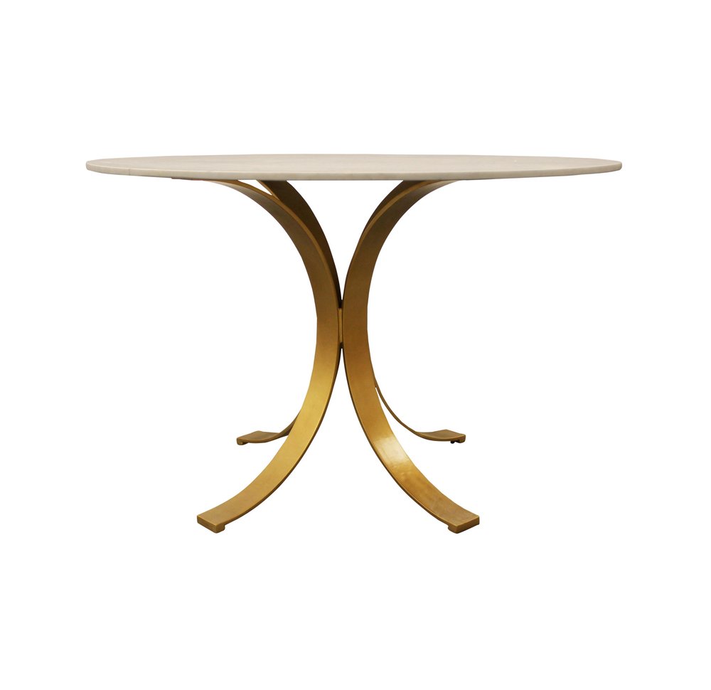 Ivory and Brass Rounded Marble and Iron Pedestal Base Dining Table - 48-inch