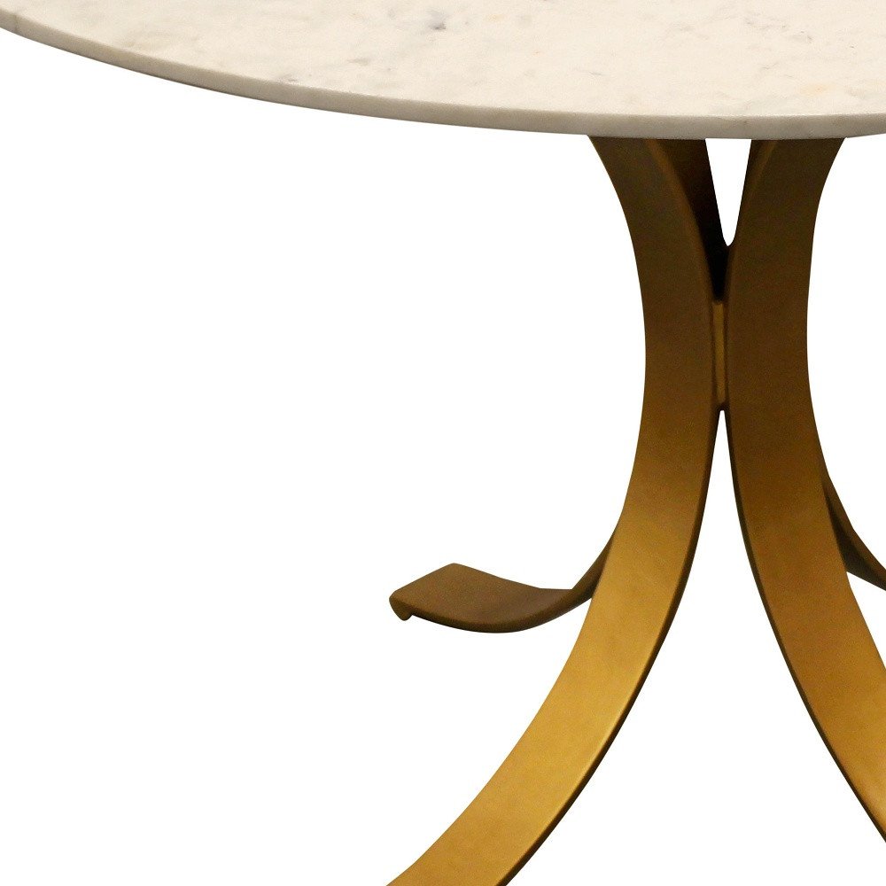 Ivory and Brass Rounded Marble and Iron Pedestal Base Dining Table - 48-inch