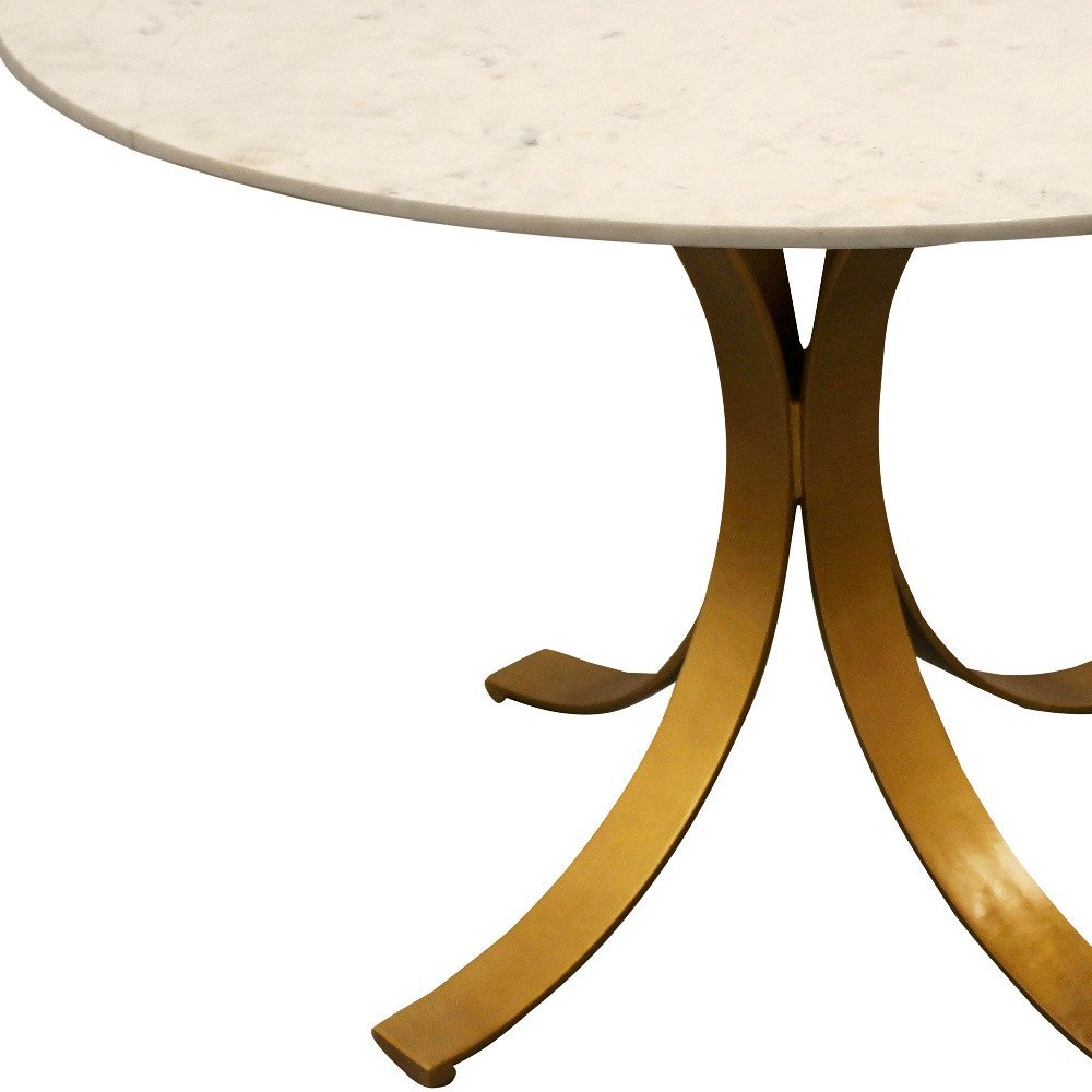 Ivory and Brass Rounded Marble and Iron Pedestal Base Dining Table - 48-inch