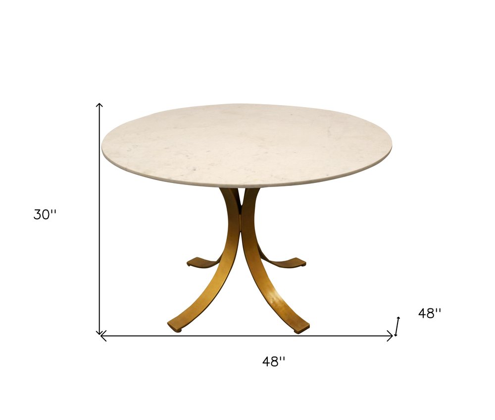 Ivory and Brass Rounded Marble and Iron Pedestal Base Dining Table - 48-inch