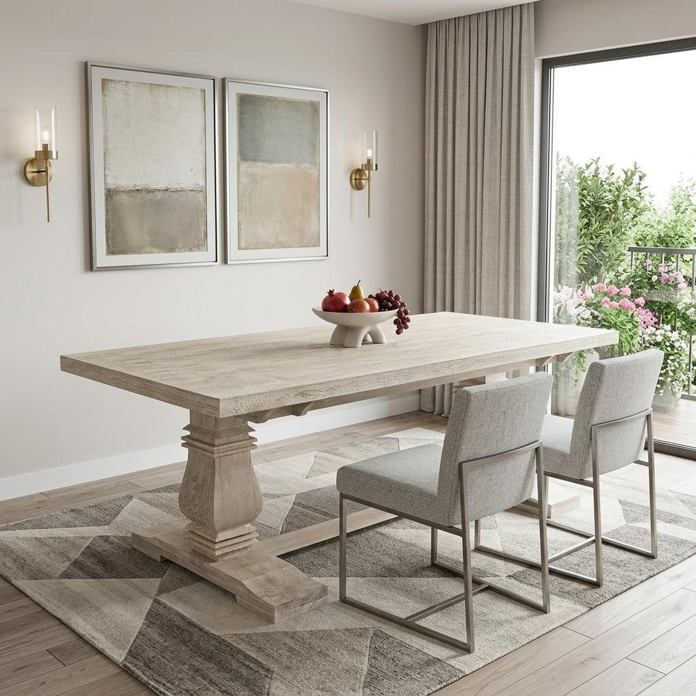 Antiqued White Solid Wood Trestle Base Dining Table - 81-inch