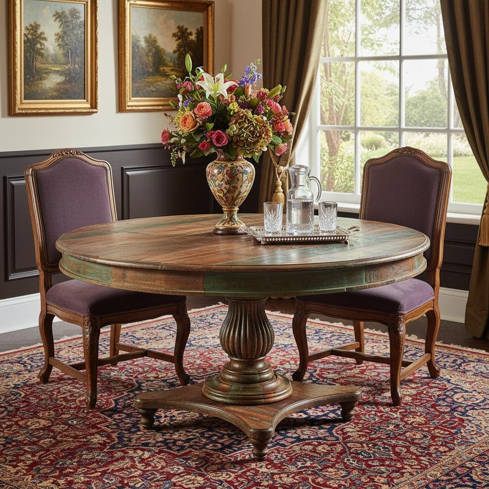 Brown Rounded Rustic Reclaimed Solid Wood Dining Table - 42-inch