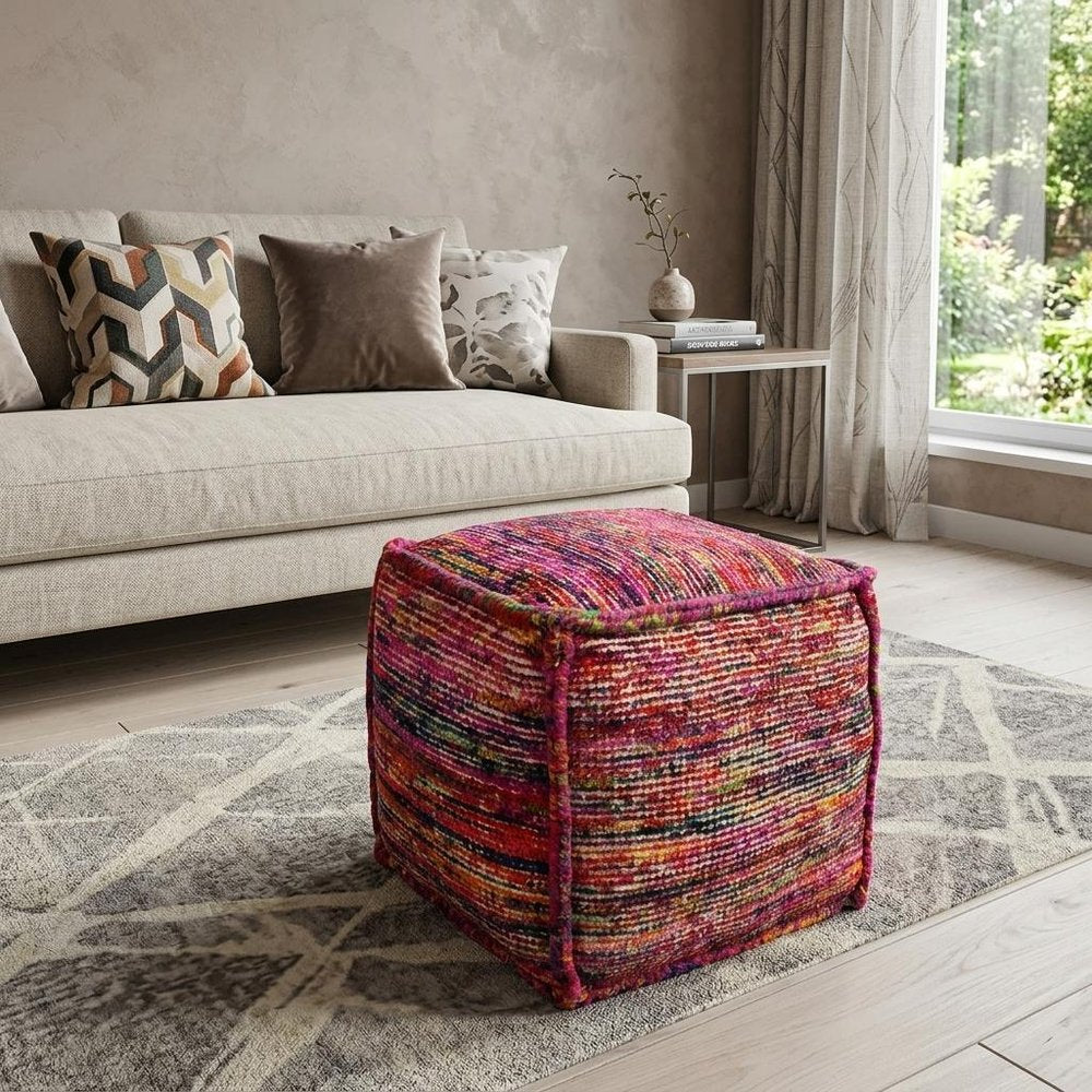 Pink Wool Cube Pouf Ottoman - 18-inch