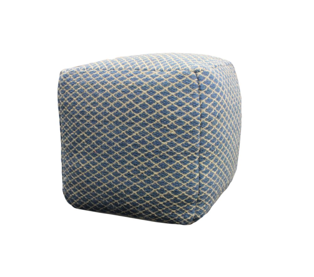 Blue and Beige Wool Cube Trellis Pouf Ottoman - 18-inch