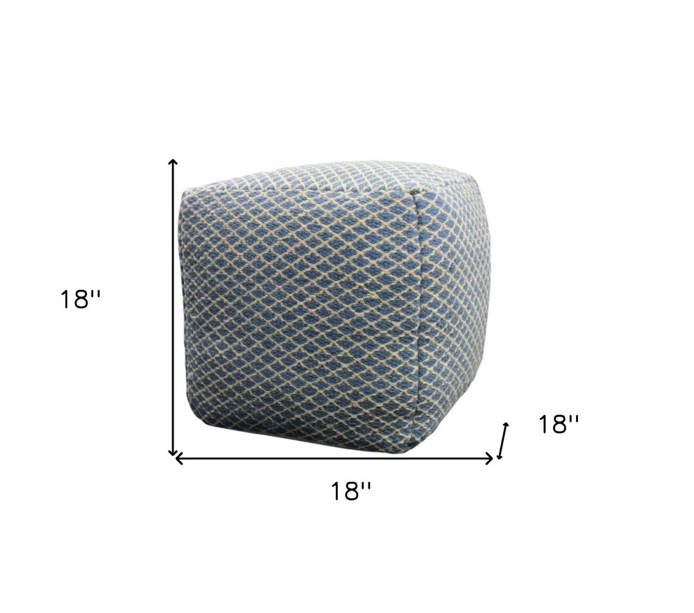 Blue and Beige Wool Cube Trellis Pouf Ottoman - 18-inch