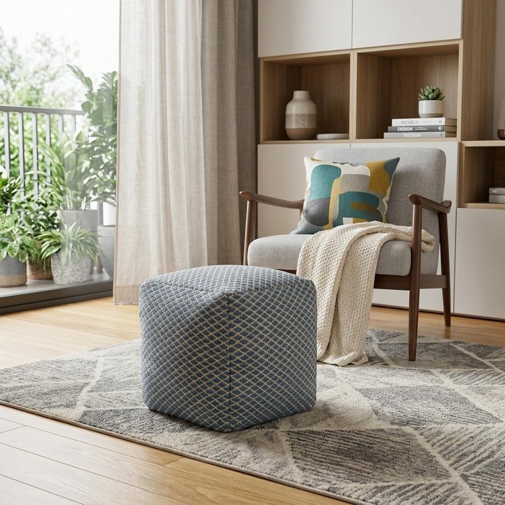 Blue and Beige Wool Cube Trellis Pouf Ottoman - 18-inch