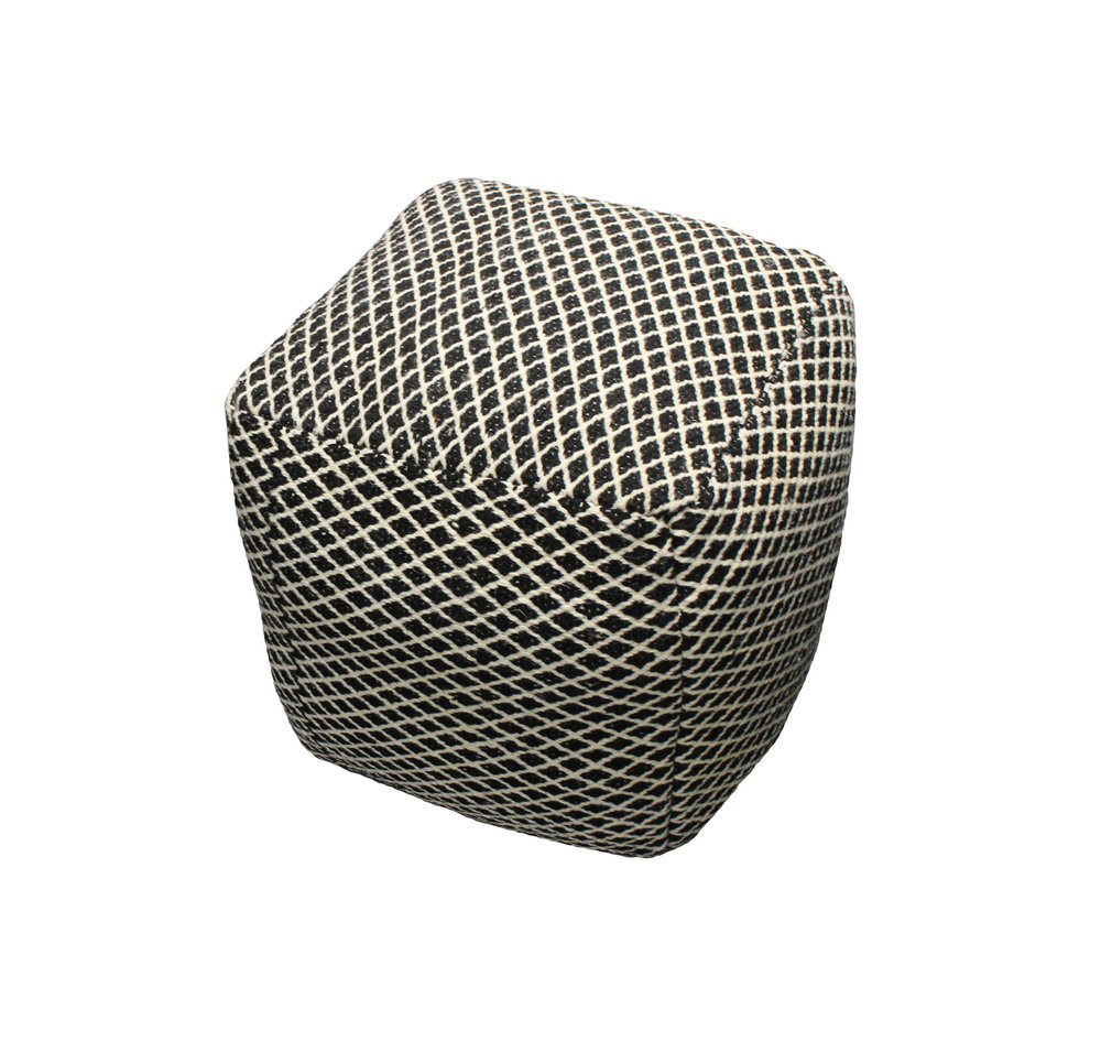 Black and Ivory Wool Cube Geometric Pouf Ottoman - 18-inch