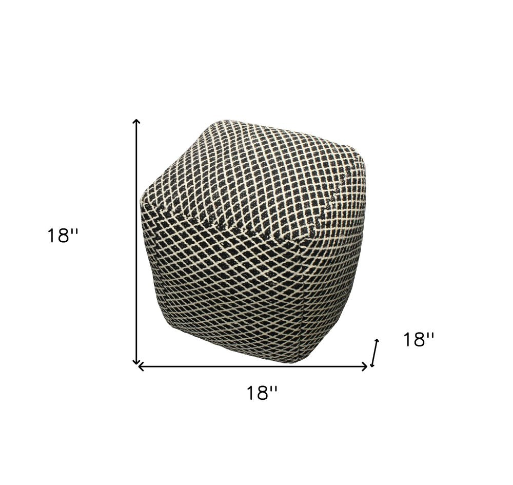 Black and Ivory Wool Cube Geometric Pouf Ottoman - 18-inch