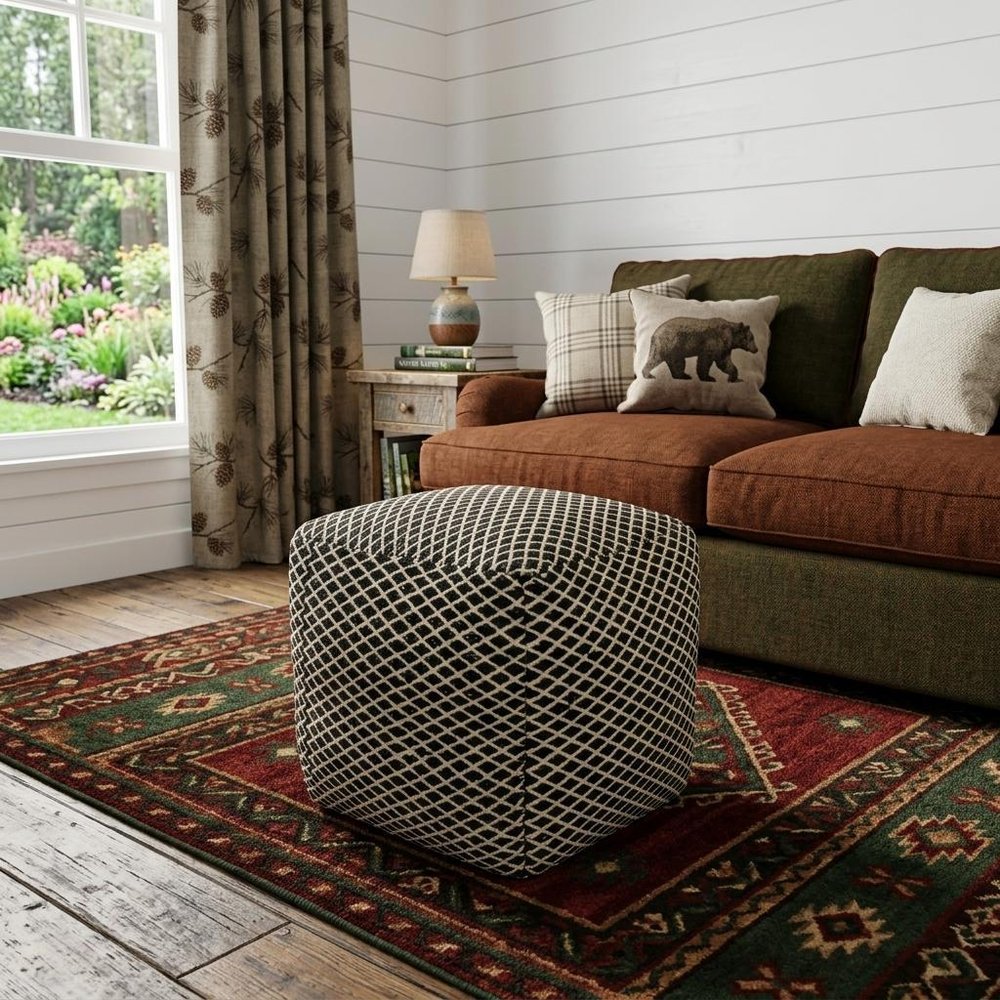 Black and Ivory Wool Cube Geometric Pouf Ottoman - 18-inch
