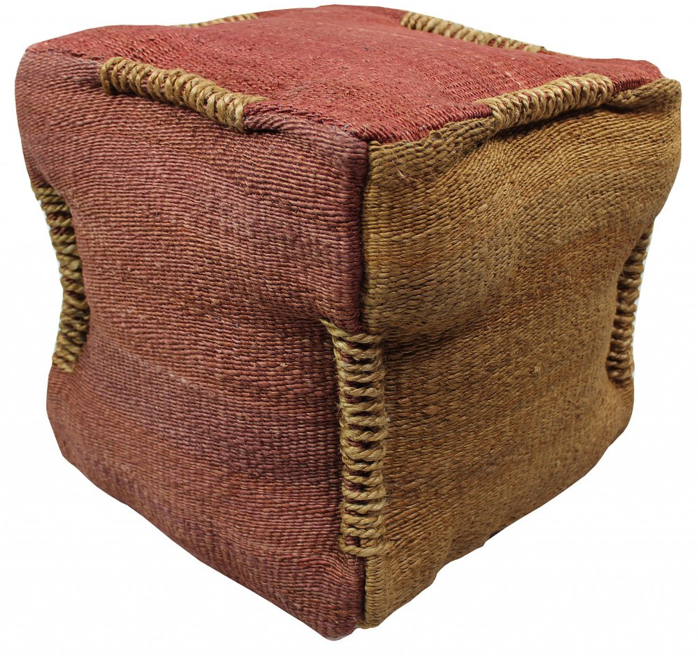 Pink and Orange Jute Cube Pouf Ottoman - 18-inch