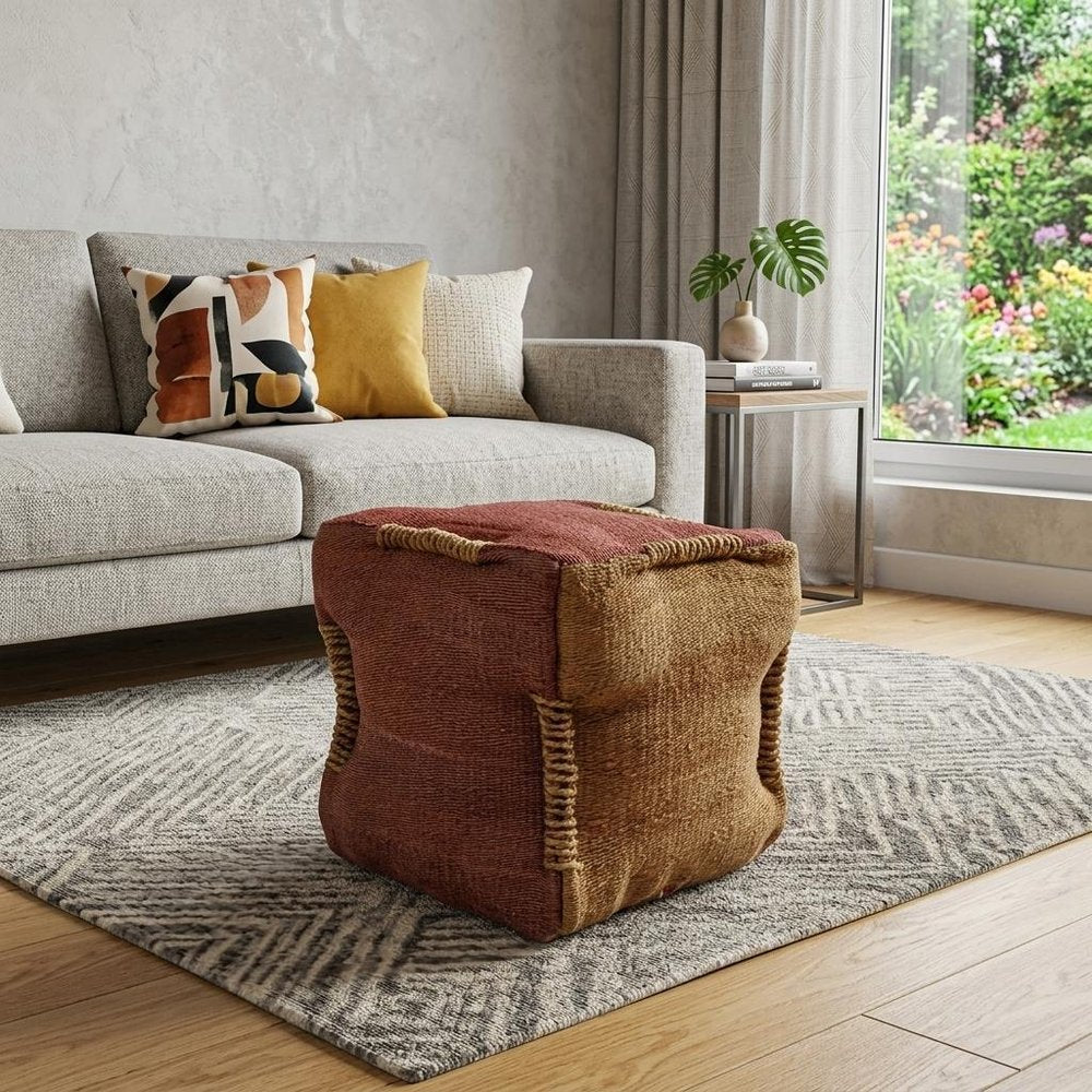 Pink and Orange Jute Cube Pouf Ottoman - 18-inch