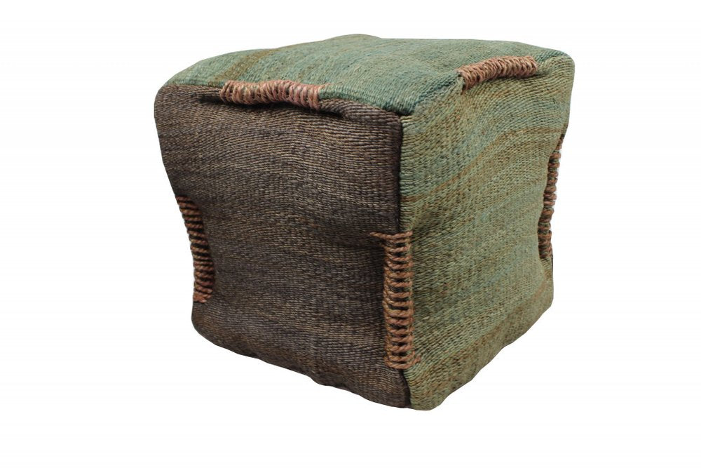 Green and Brown Jute Cube Pouf Ottoman - 18-inch