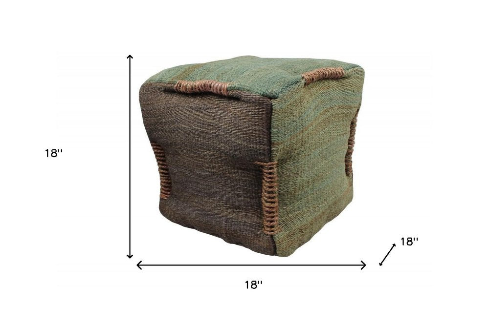 Green and Brown Jute Cube Pouf Ottoman - 18-inch