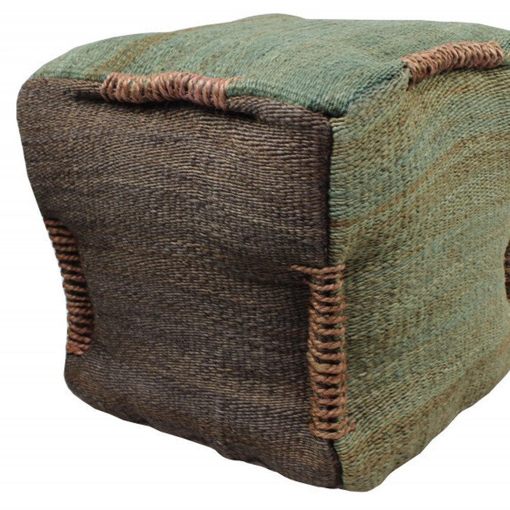 Green and Brown Jute Cube Pouf Ottoman - 18-inch