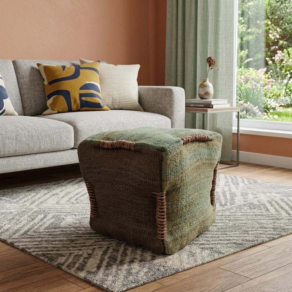 Green and Brown Jute Cube Pouf Ottoman - 18-inch