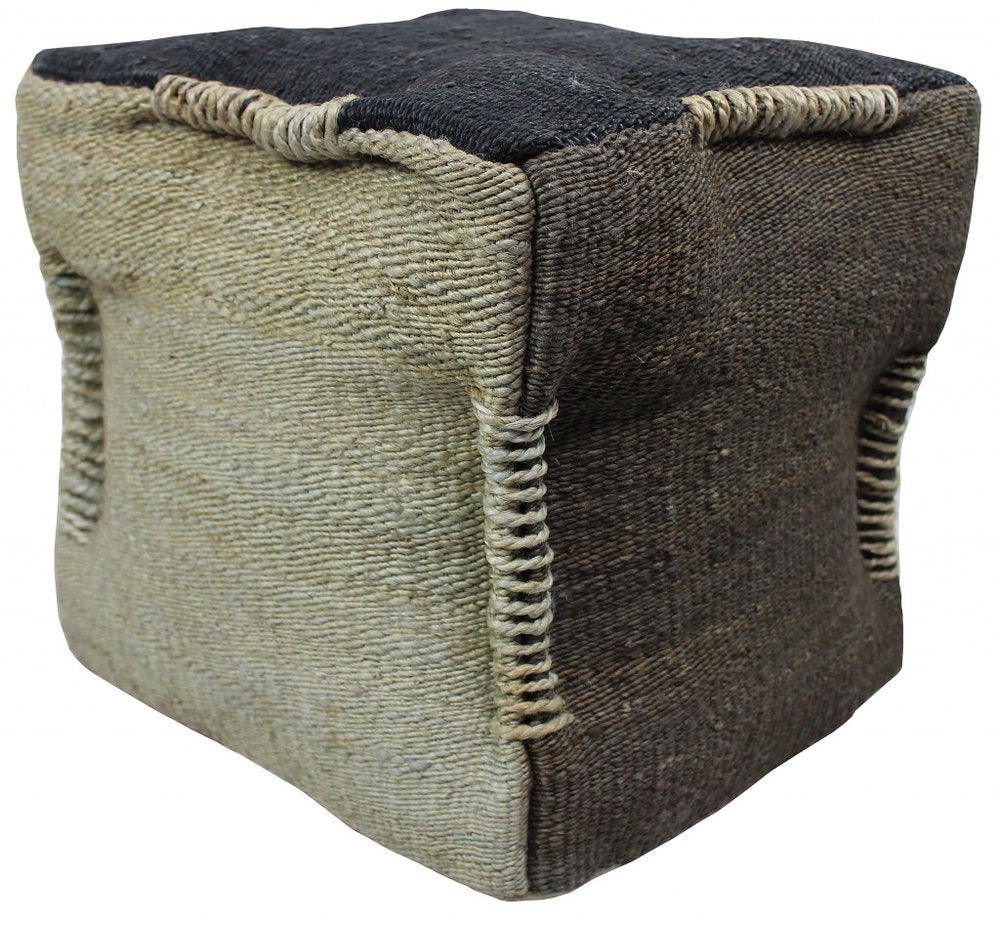Black and Taupe Jute Cube Pouf Ottoman - 18-inch