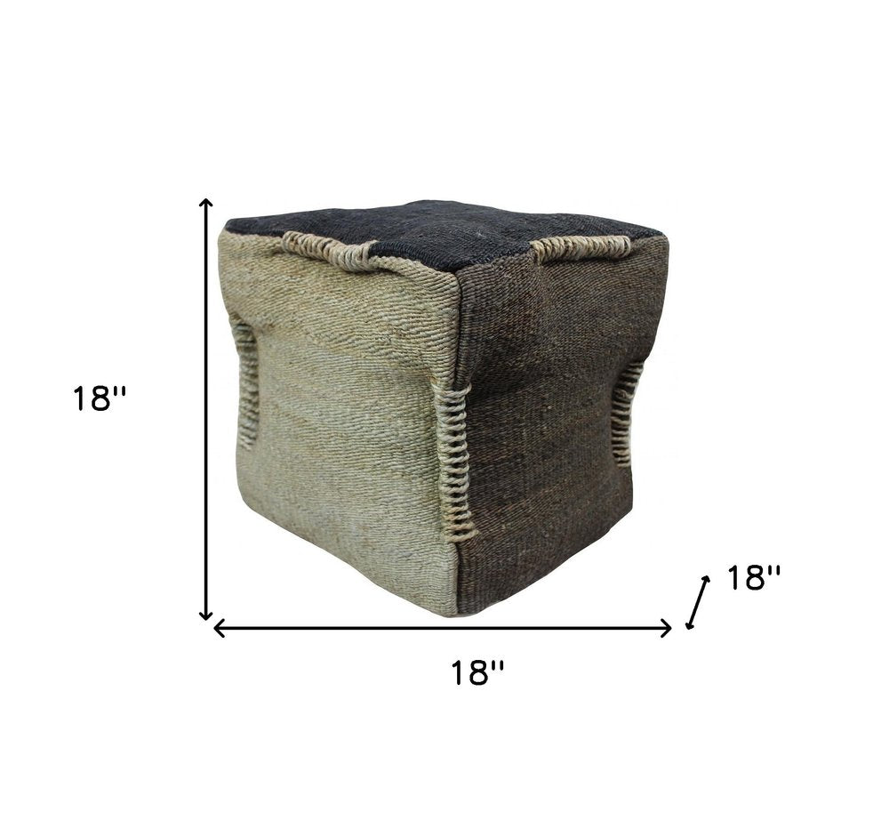 Black and Taupe Jute Cube Pouf Ottoman - 18-inch