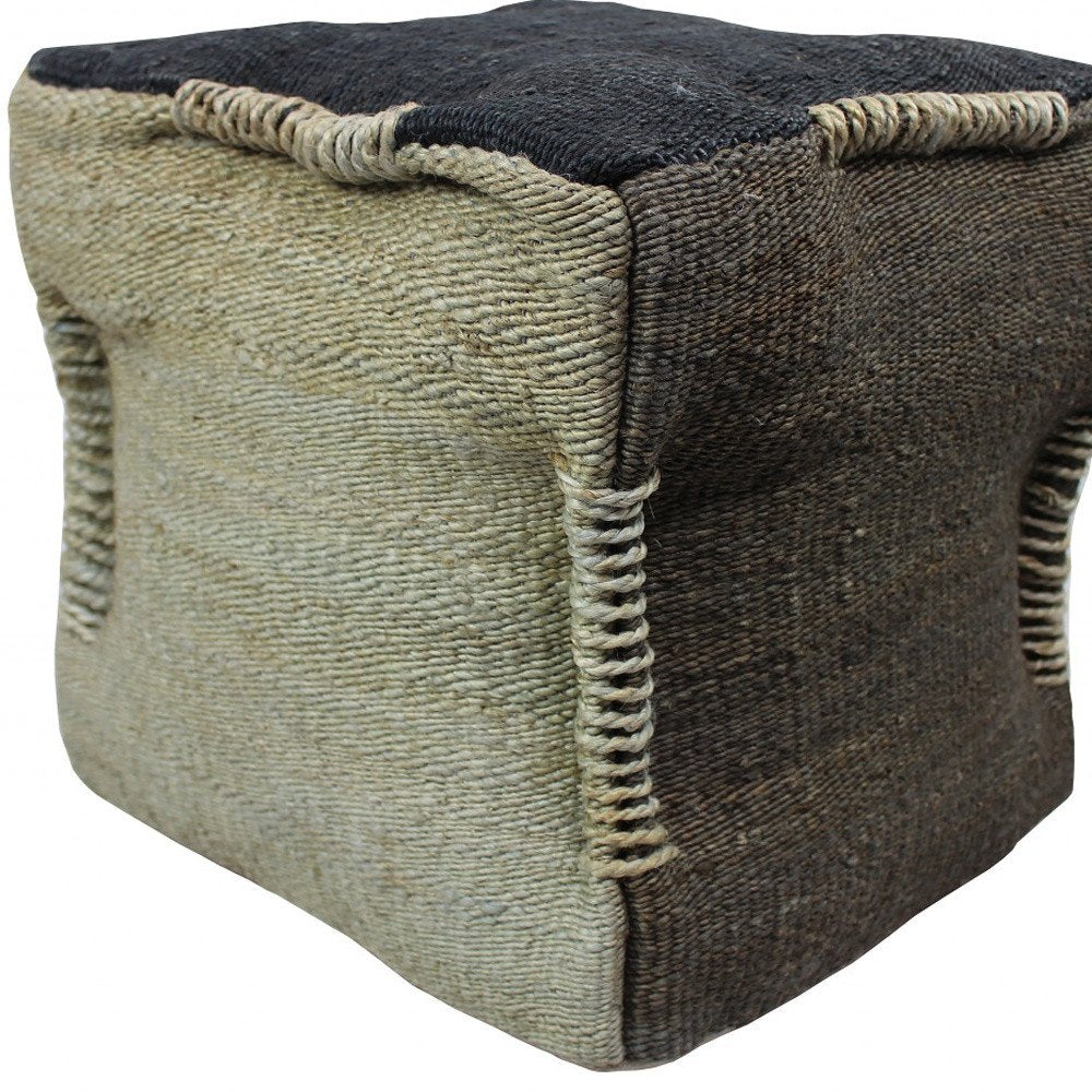 Black and Taupe Jute Cube Pouf Ottoman - 18-inch