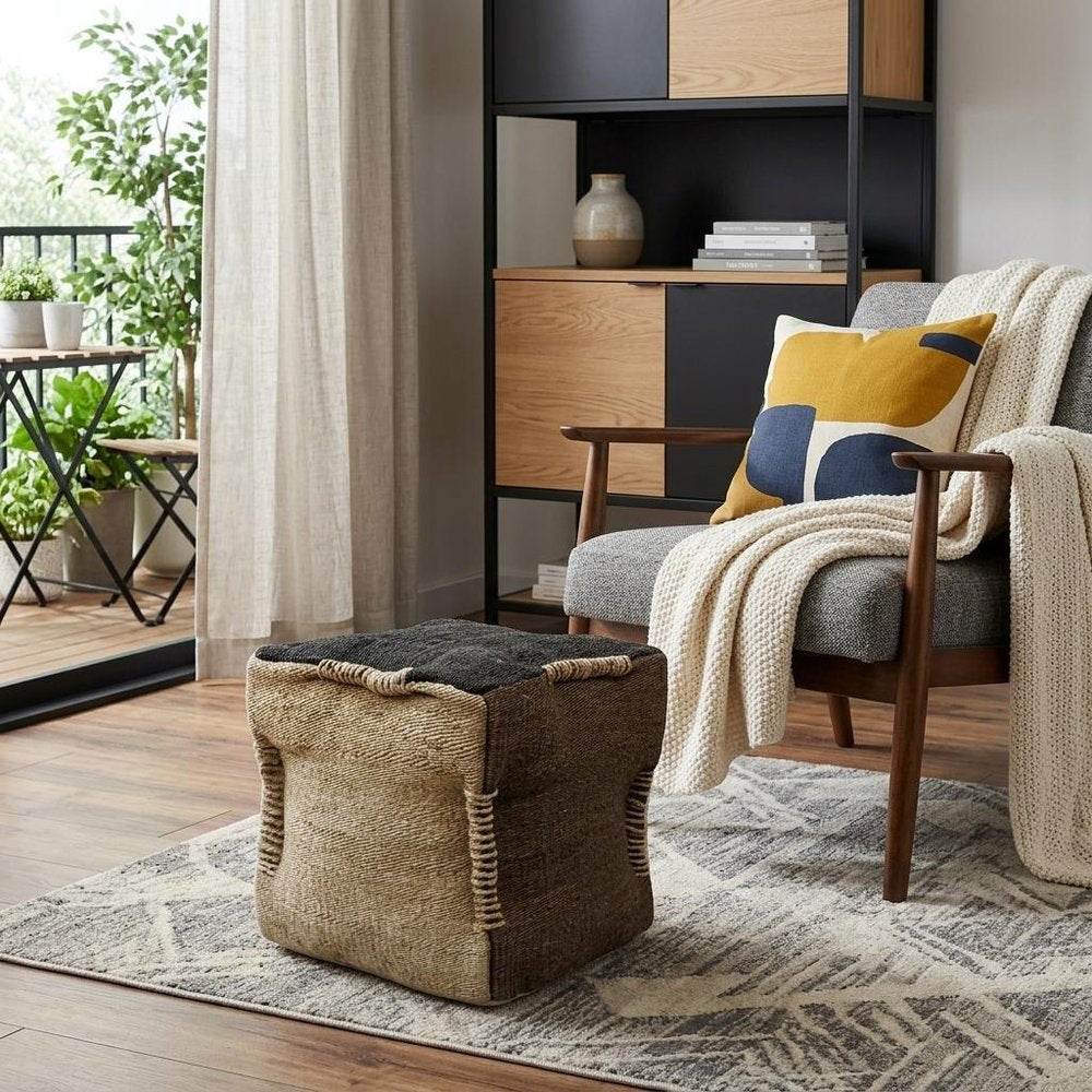 Black and Taupe Jute Cube Pouf Ottoman - 18-inch