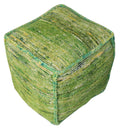 Green Recycled Silk and Cotton Blend Cube Pouf Ottoman - 18-inch