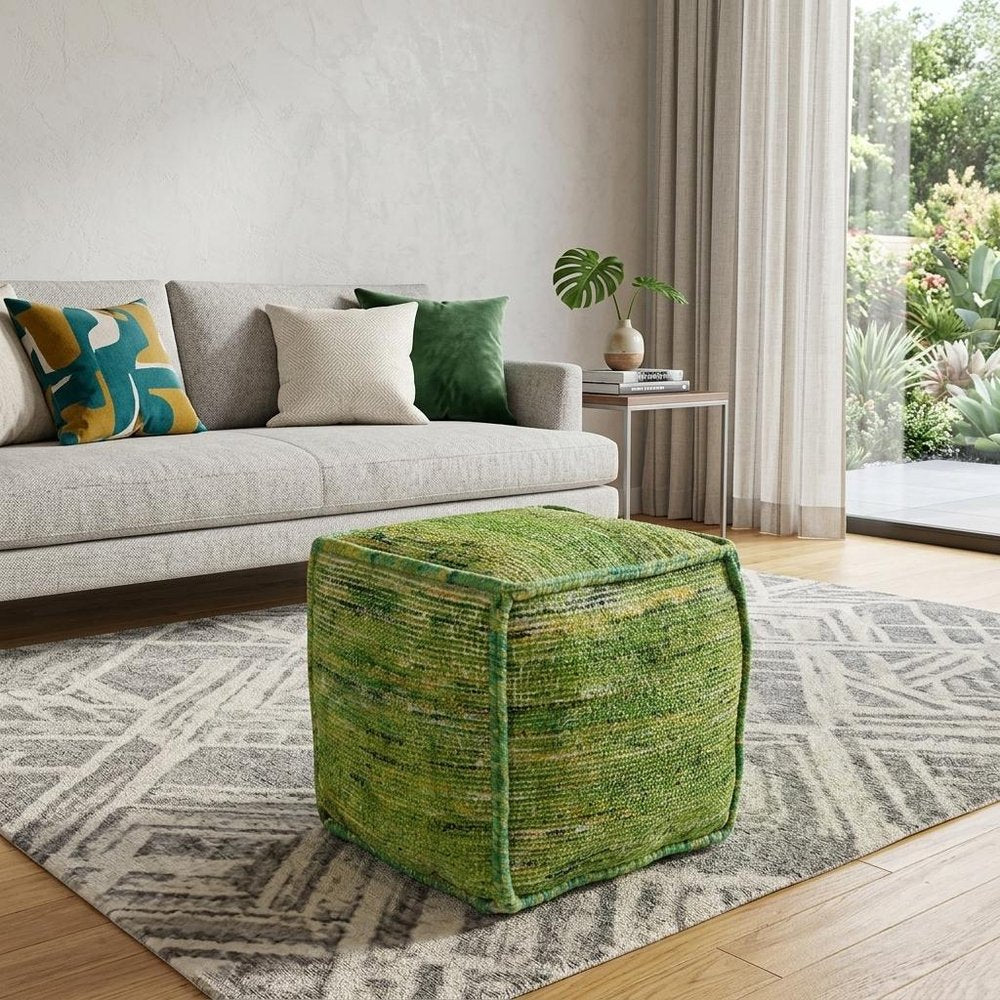 Green Recycled Silk and Cotton Blend Cube Pouf Ottoman - 18-inch