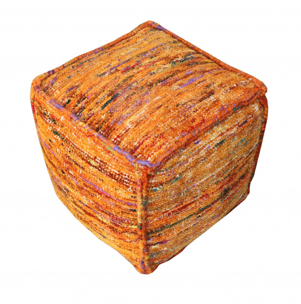 Orange Recycled Silk and Cotton Blend Cube Pouf Ottoman - 18-inch