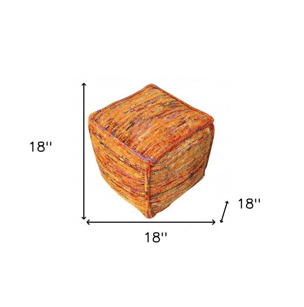 Orange Recycled Silk and Cotton Blend Cube Pouf Ottoman - 18-inch