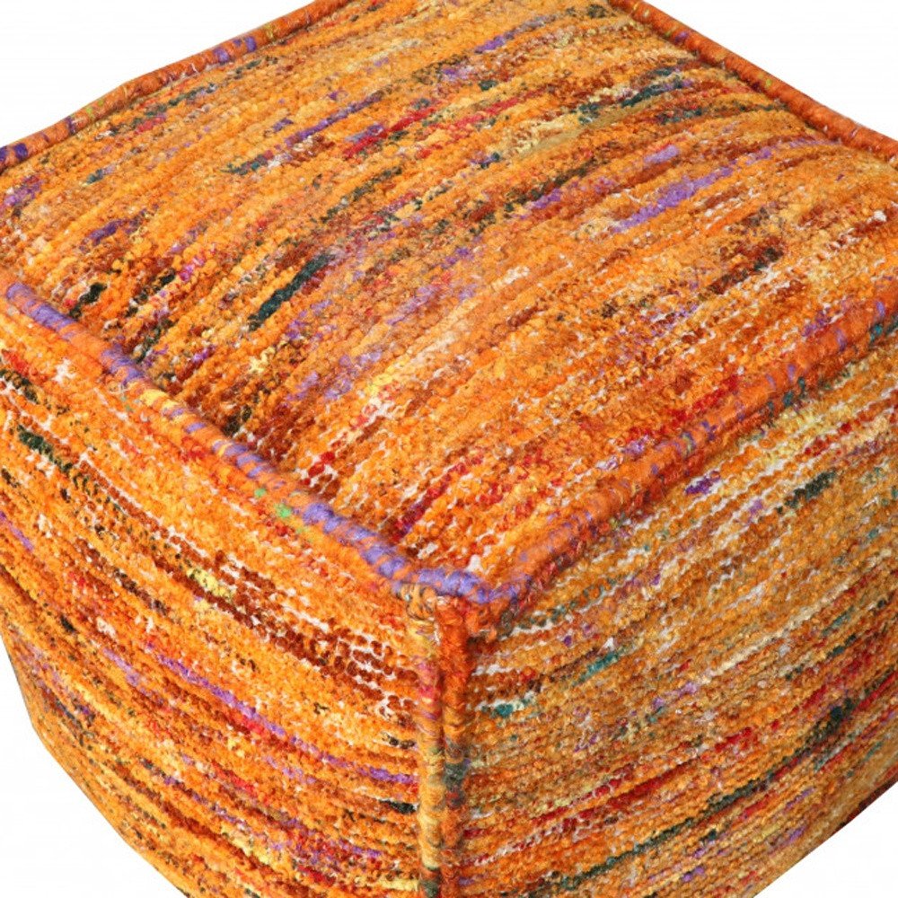 Orange Recycled Silk and Cotton Blend Cube Pouf Ottoman - 18-inch