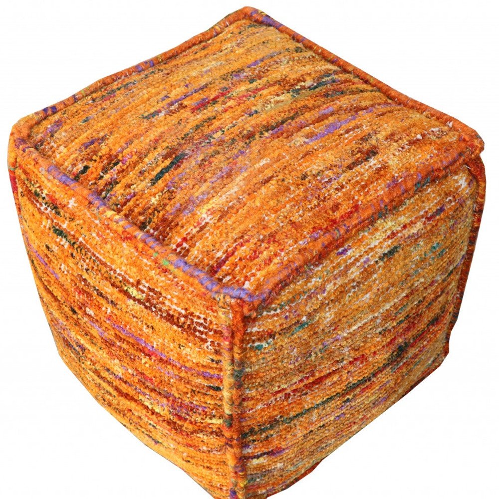 Orange Recycled Silk and Cotton Blend Cube Pouf Ottoman - 18-inch