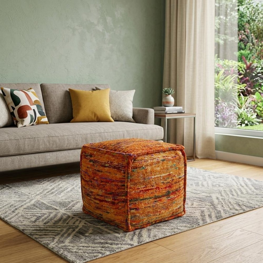 Orange Recycled Silk and Cotton Blend Cube Pouf Ottoman - 18-inch