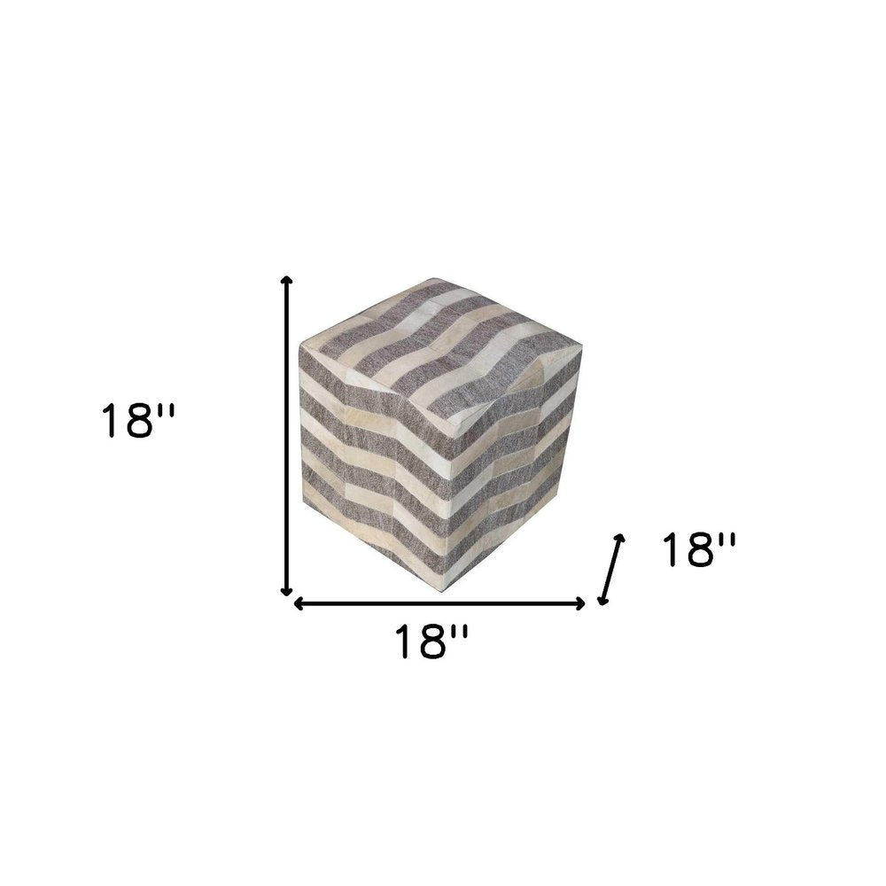 Gray and Beige Hair On Hide Cube Chevron Pouf Ottoman - 18-inch