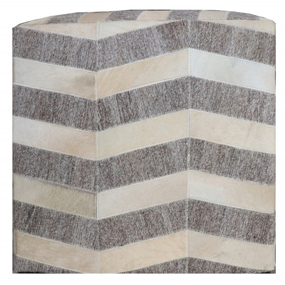 Gray and Beige Hair On Hide Cube Chevron Pouf Ottoman - 18-inch