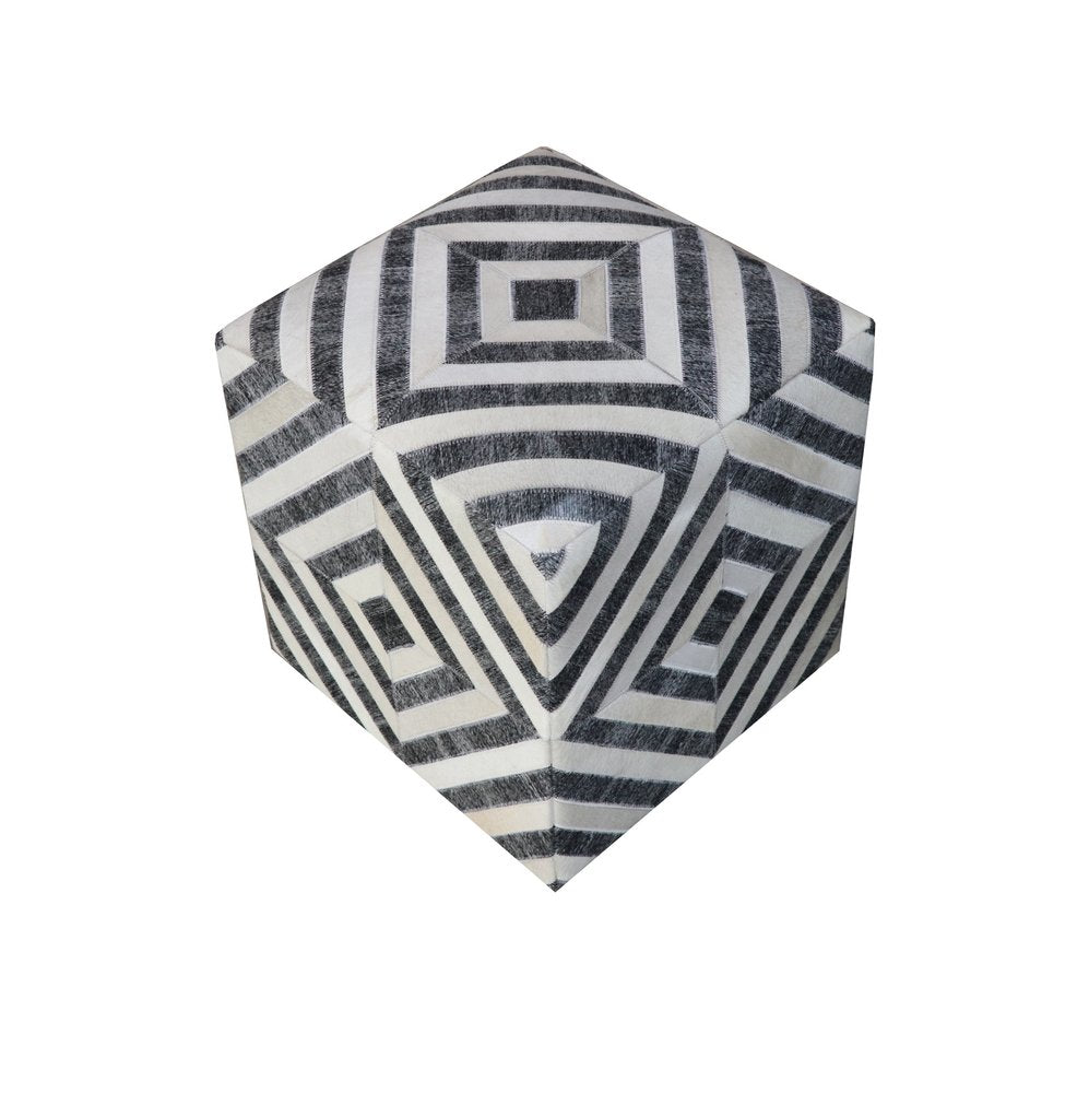 Dark Gray and Ivory Hair On Hide Cube Geometric Pouf Ottoman - 18-inch