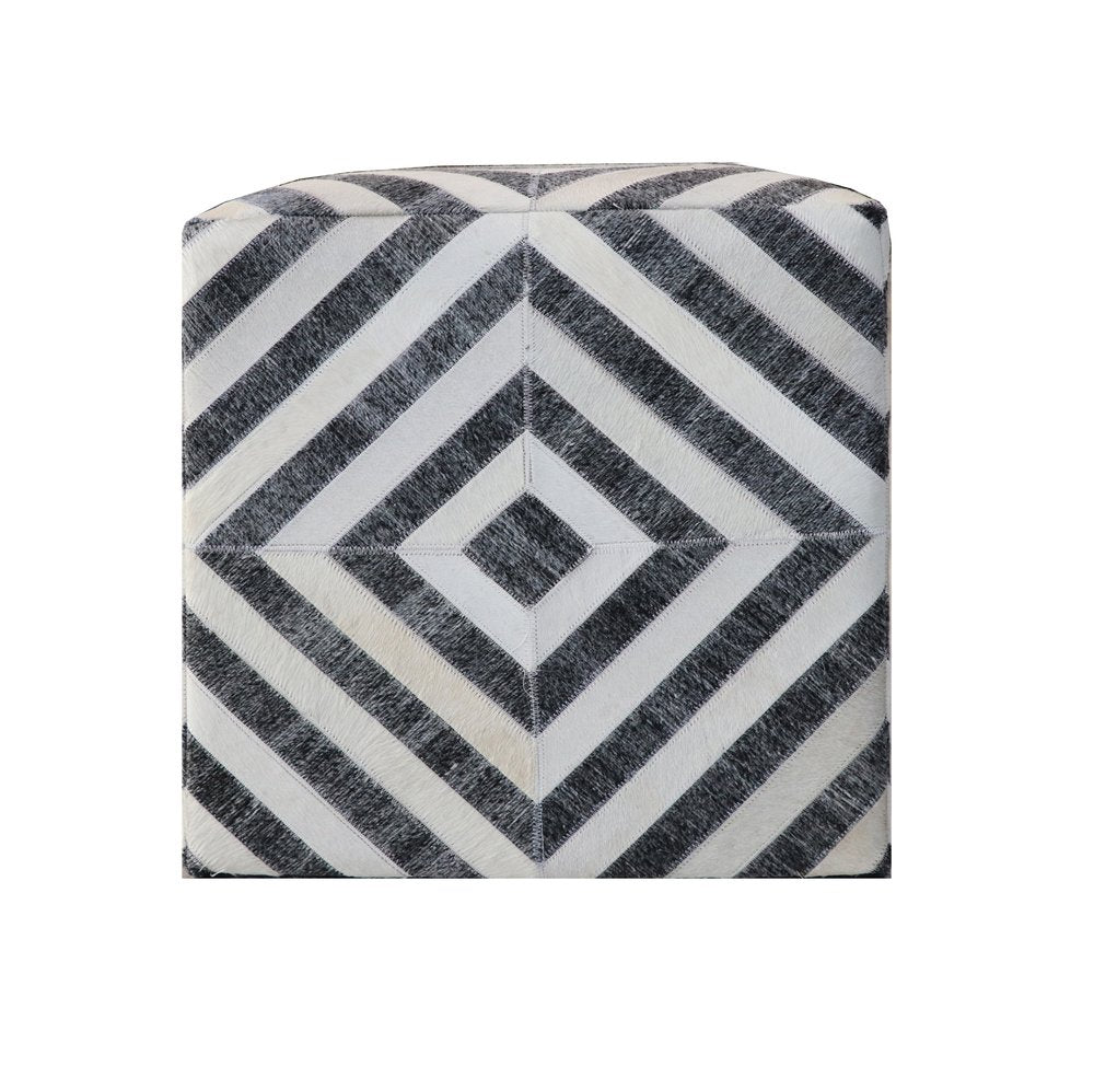Dark Gray and Ivory Hair On Hide Cube Geometric Pouf Ottoman - 18-inch