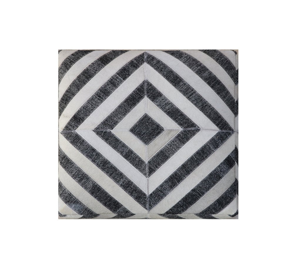 Dark Gray and Ivory Hair On Hide Cube Geometric Pouf Ottoman - 18-inch