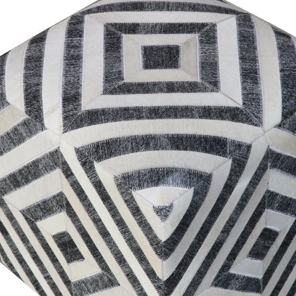 Dark Gray and Ivory Hair On Hide Cube Geometric Pouf Ottoman - 18-inch