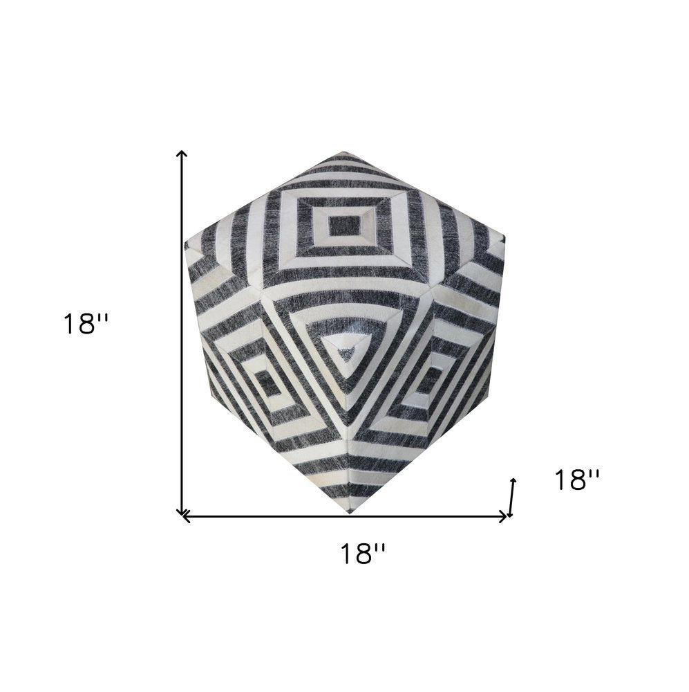 Dark Gray and Ivory Hair On Hide Cube Geometric Pouf Ottoman - 18-inch