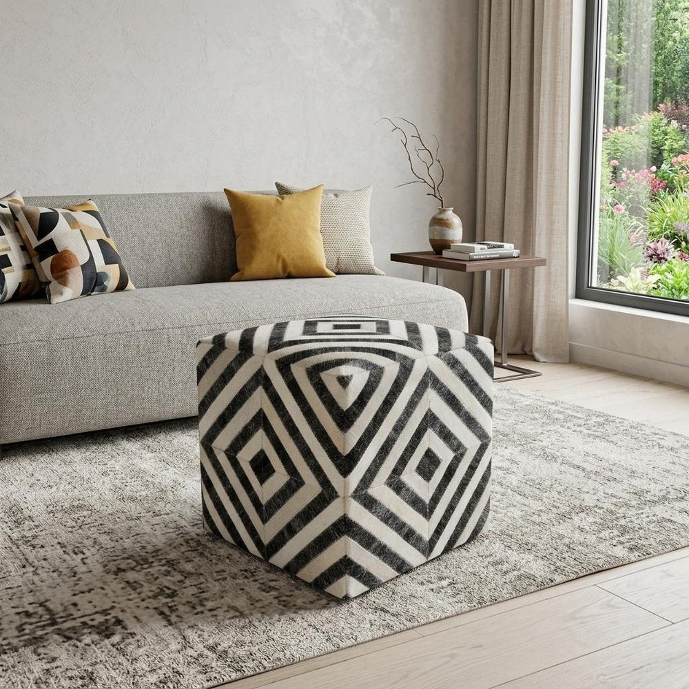 Dark Gray and Ivory Hair On Hide Cube Geometric Pouf Ottoman - 18-inch