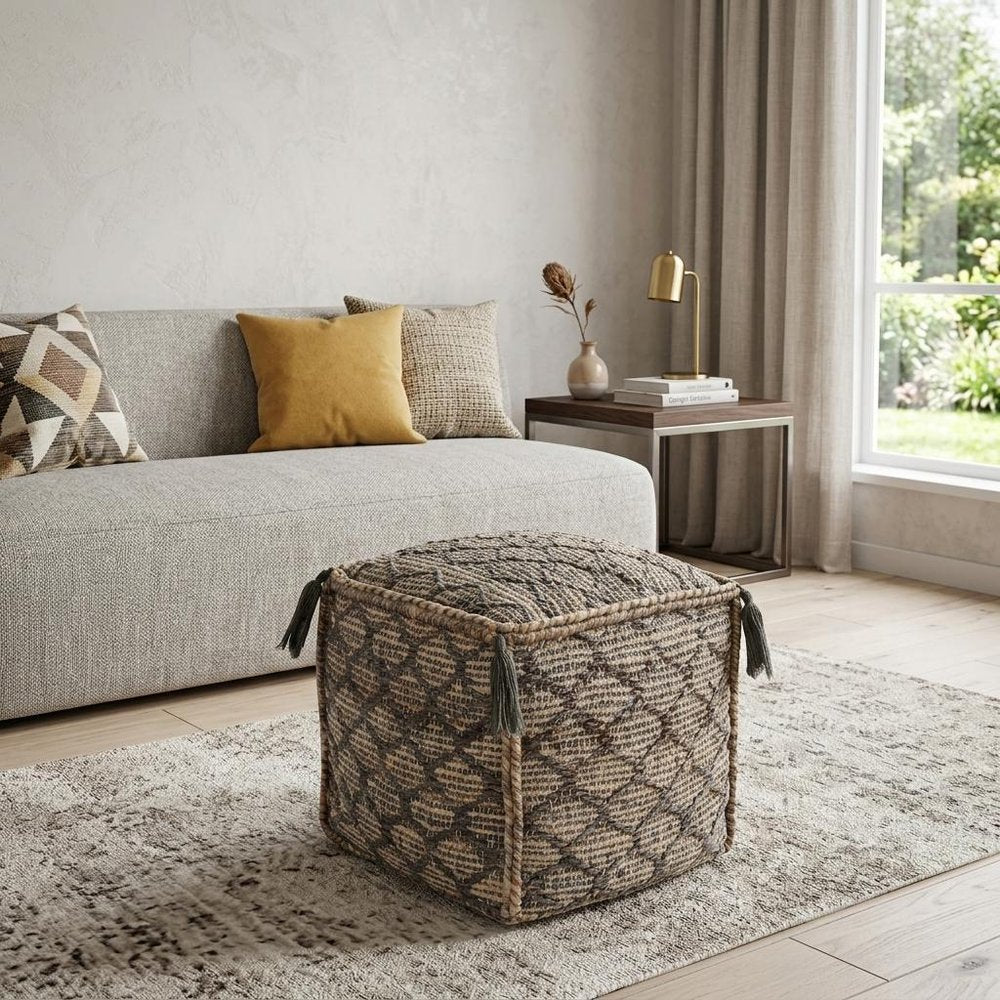 Natural Gray and Taupe Jute Cube Trellis Pouf Ottoman - 18-inch