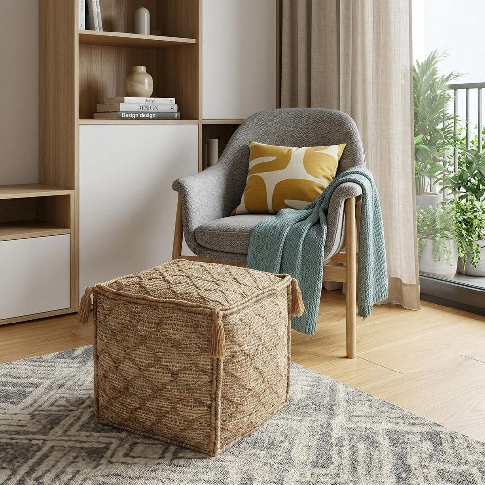 Brown Jute Cube Trellis Pouf Ottoman - 18-inch