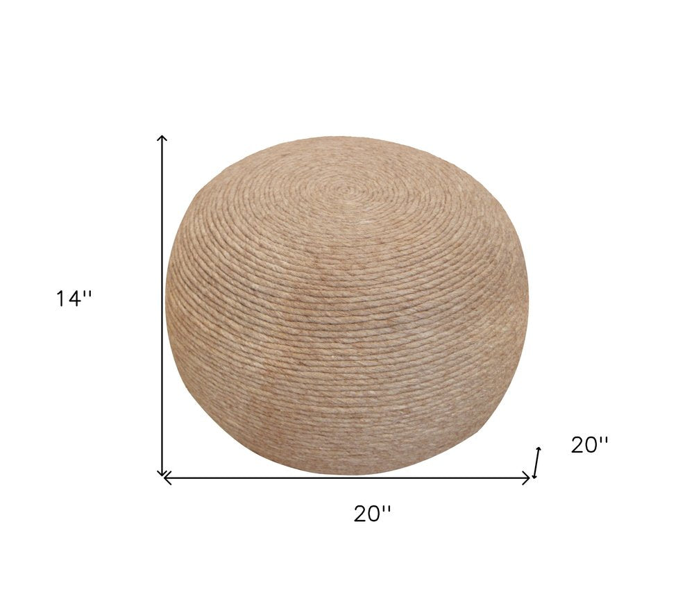 Beige Wool Round Ribbed Pouf Ottoman - 20-inch