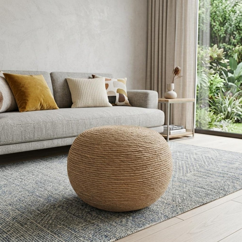 Beige Wool Round Ribbed Pouf Ottoman - 20-inch