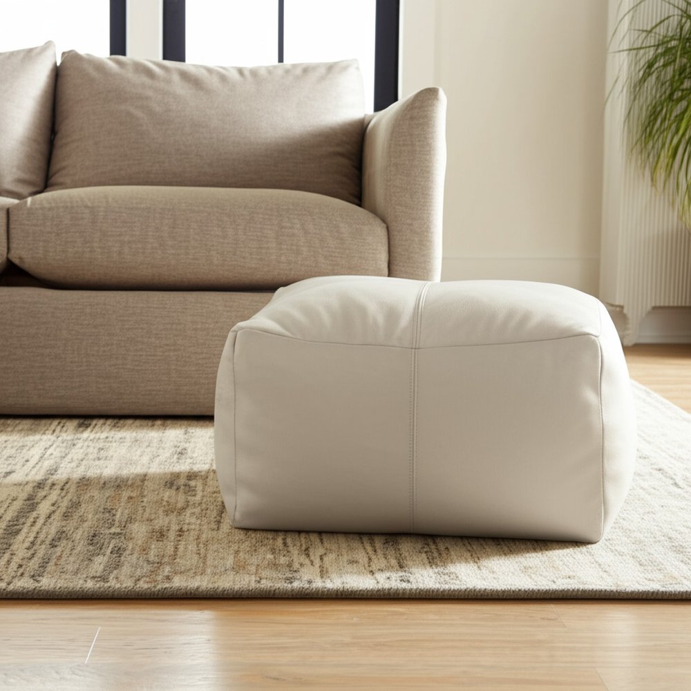 Ivory Leather Pouf Ottoman - 22-inch