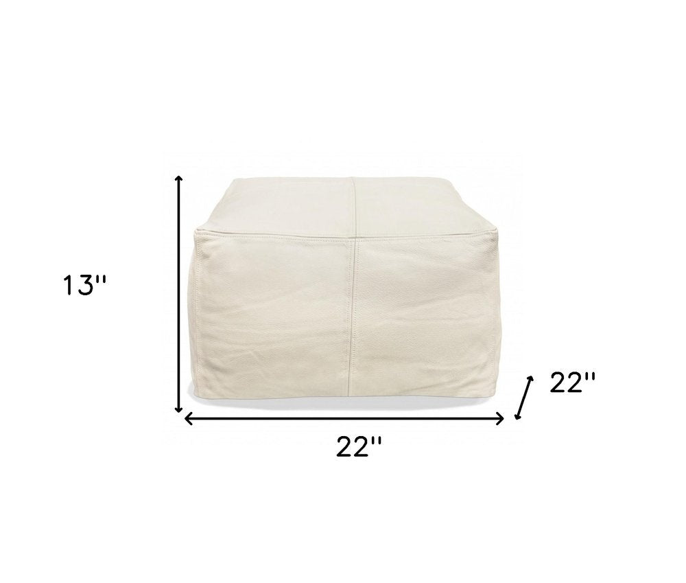 Ivory Leather Pouf Ottoman - 22-inch