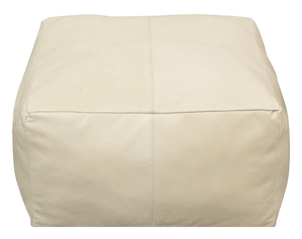 Ivory Leather Pouf Ottoman - 22-inch