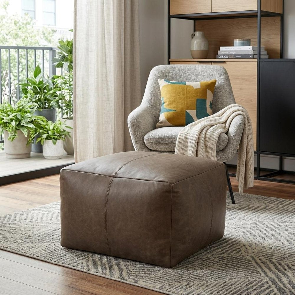 Gray Brown Distressed Leather Pouf Ottoman - 22-inch